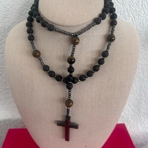 Black Bead Rosary-Style Cross Necklace